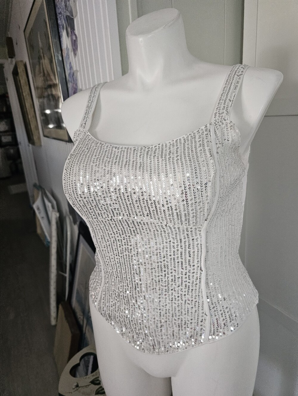 GRACE KARIN Silver Sequin Corset Tank Top Square Neck Bustier Camisole Blouse